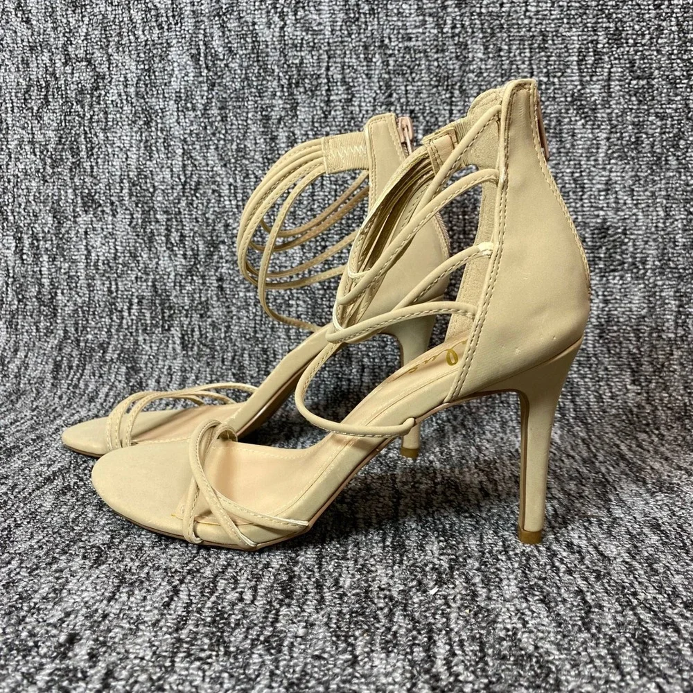 Lulus Strappy Stiletto Sandals Womens 6 Beige‎ Vegan Leather Dress Shoes